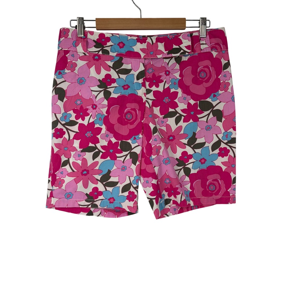 Y2K Derek‎ Heart Pink Floral Cotton Bermuda Shorts Size 9 Bold Flower Print